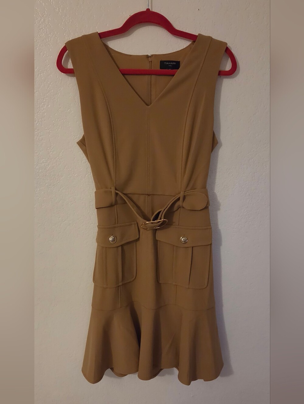 Tahari Camel Sleeveless Belted Midi Dress with Pockets